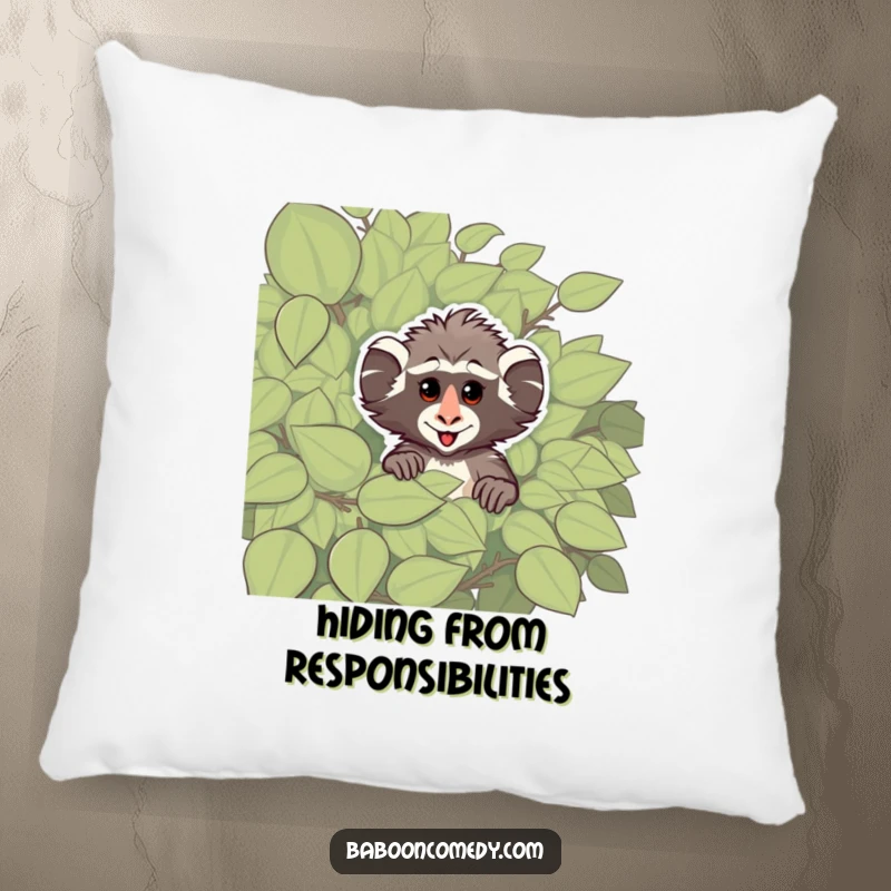 Funny pillow featuring a cheeky baboon peeking from behind a leafy bush, offering comfortable and playful primate-themed decor.