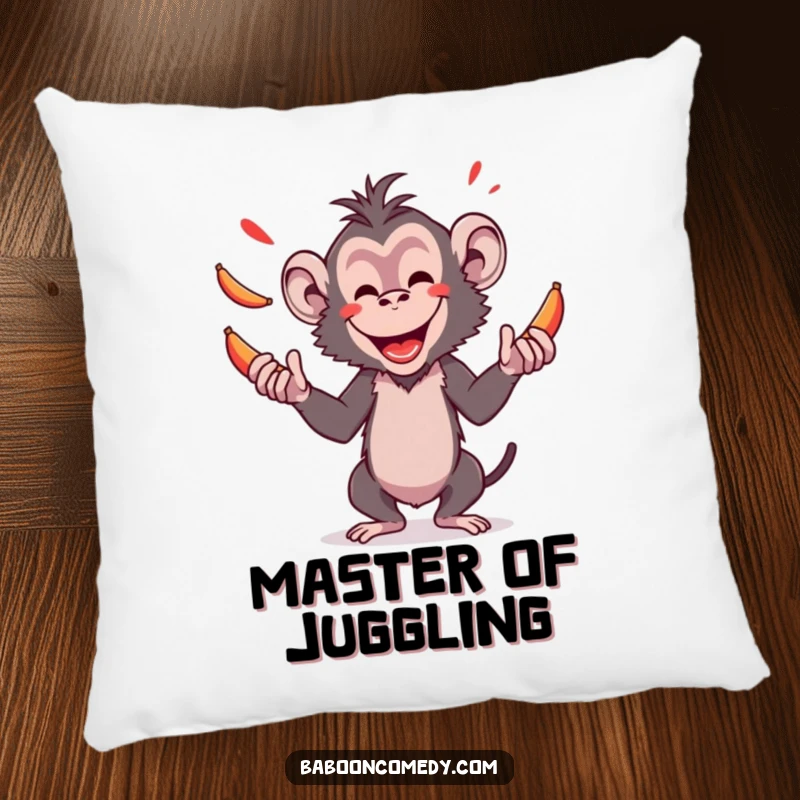 Soft funny pillow featuring an amused baboon expertly juggling red bananas, a plush and humorous accent for any cozy space.