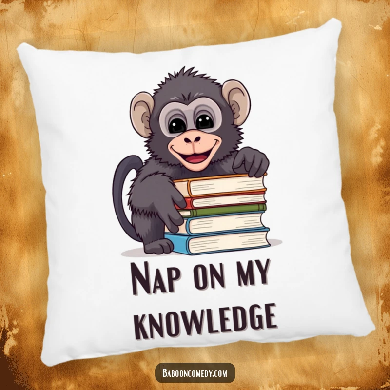 Funny pillow depicting a mischievous baboon peeking over books and giggling, a soft and cozy addition for readers.