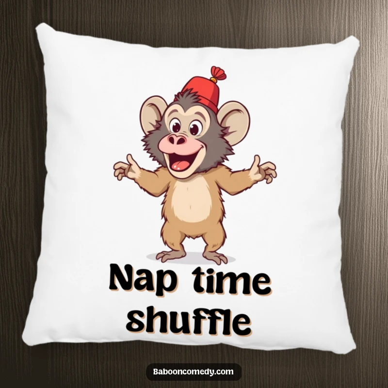 Soft funny pillow featuring a playful baboon in a fez doing a silly dance, providing comfort and a dose of primate amusement.