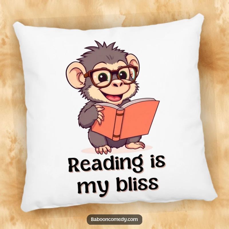 Soft funny pillow featuring a giggling baboon in oversized glasses reading a large book, adding comfort and humor to any space.