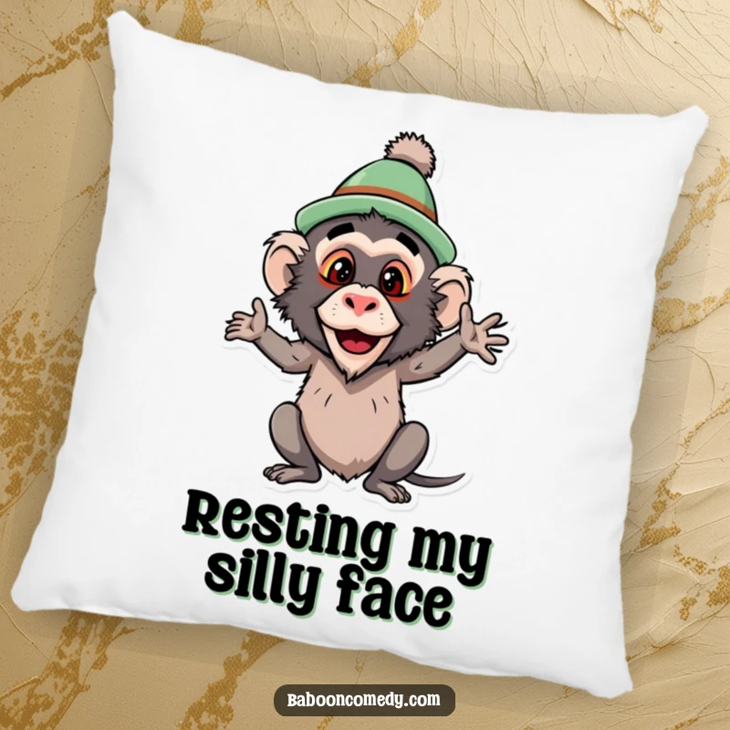 Funny baboon pillow, a primate in a comical hat striking a funny pose, offering comfort and a splash of hilarious primate personality.
