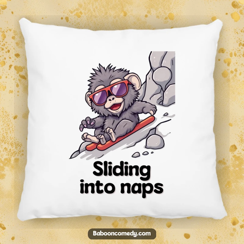 Funny kawaii baboon pillow, a relaxed primate in large sunglasses sliding down a rocky hill, offering soft, humorous comfort.