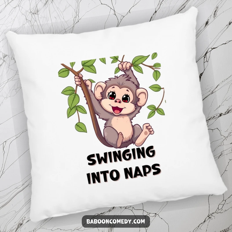 Funny Kawaii baboon pillow, showcasing a happy primate swinging energetically from a vine, adding a touch of playful comfort and humor.