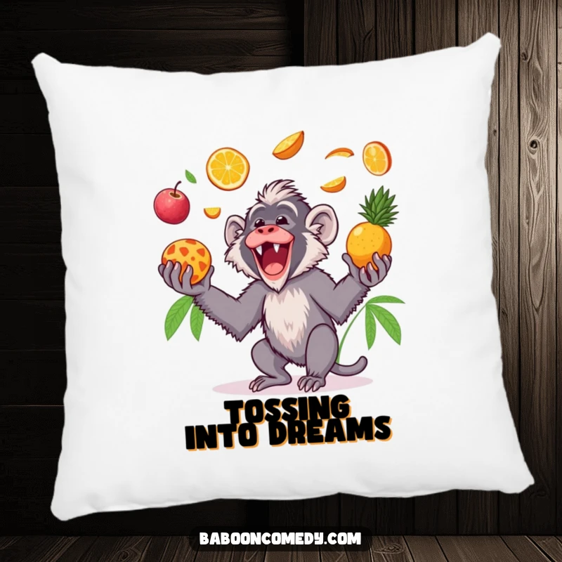 Funny Kawaii baboon pillow, depicting a gleeful primate tossing tropical fruits in the air and catching them, adding playful comfort.