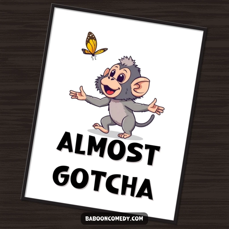 Funny young baboon digital art print, a cute primate with outstretched hands chasing a butterfly, symbolizing playful joy and vibrant energy.