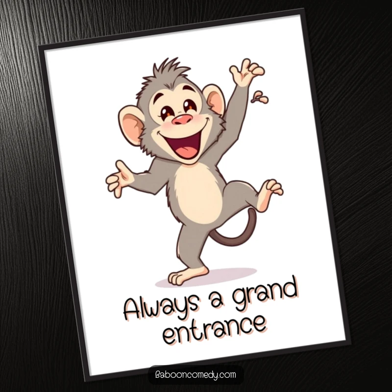 Funny digital art print of a joyful baboon performing a cartwheel with a happy flourish, capturing dynamic primate acrobatics and cheerful energy.