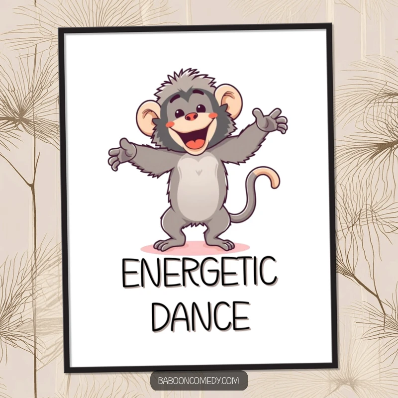 Funny kawaii baboon digital art print, captured mid-dance with flailing arms and a huge grin, full of silly energy.