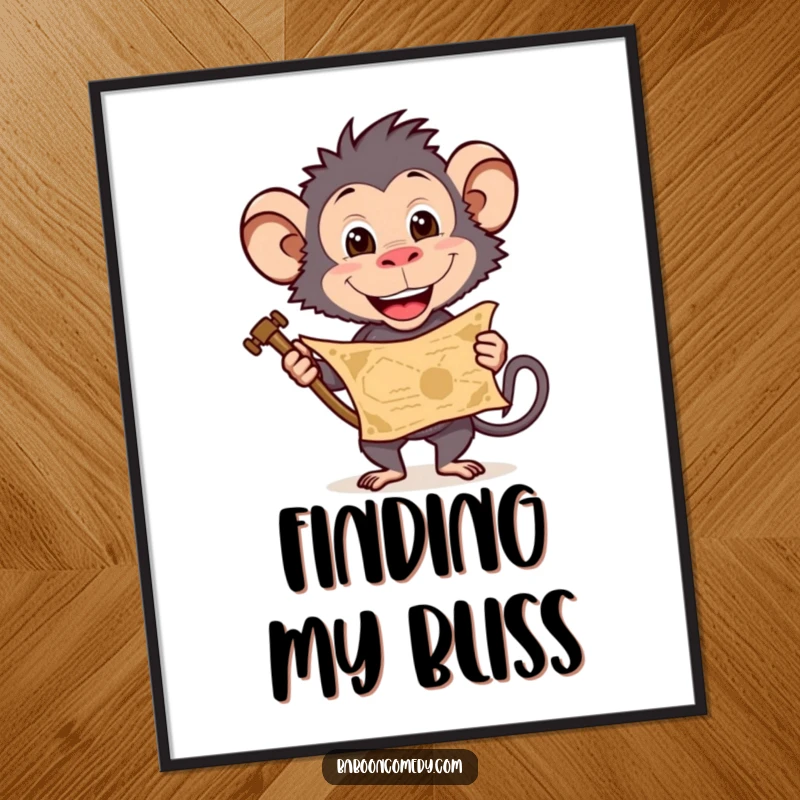 Funny baboon digital art print of a character with a treasure map, perfect for adventurous decor, a cool digital funny gift.