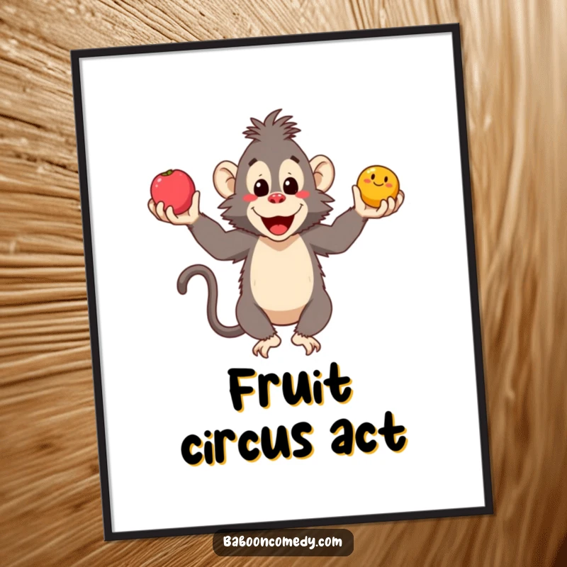 Funny baboon digital art print of a smiling ape masterfully juggling three fruits, perfect for instant decoration and cheer.