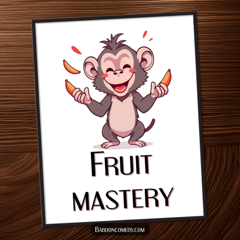 Funny digital art print of an amused baboon demonstrating expert juggling skills with bright red bananas, ideal for instant home decor.