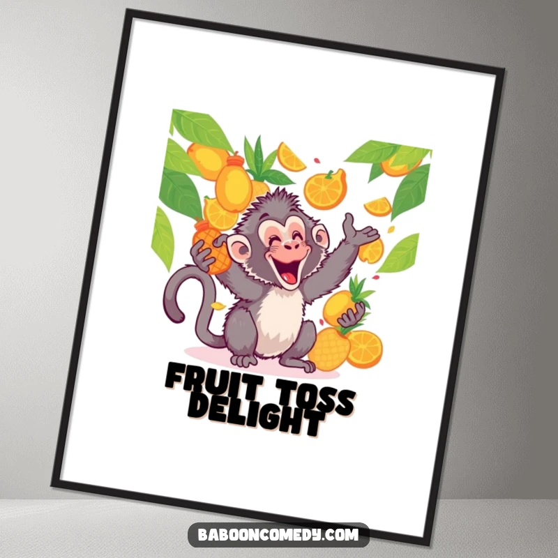 Funny kawaii baboon digital art print, joyfully tossing and catching colorful tropical fruits with a happy, playful vibe.
