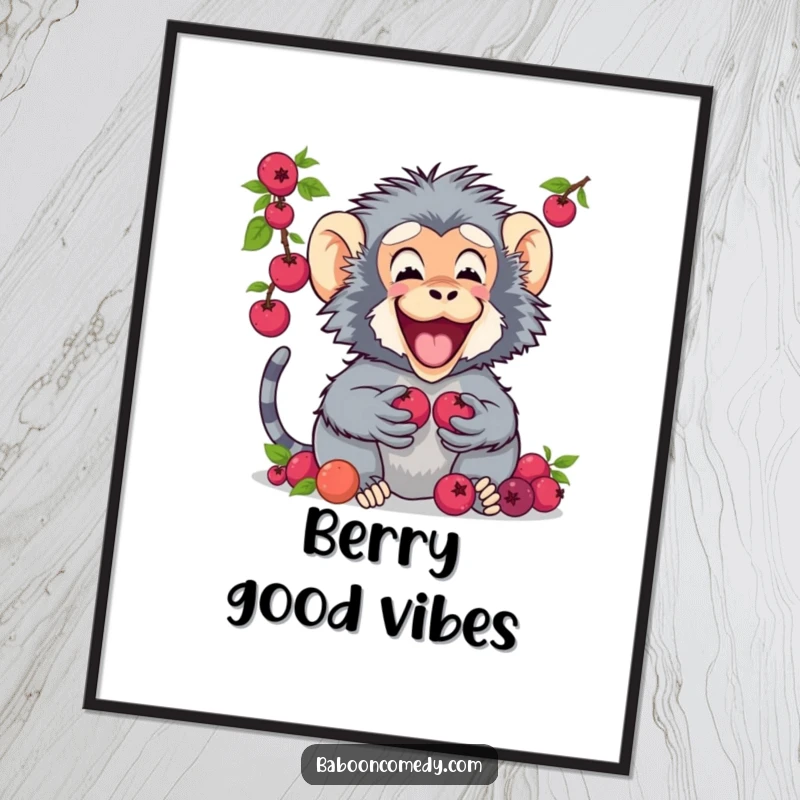Funny digital art print of a baboon excitedly sharing a generous amount of berries with its companion, capturing friendship.