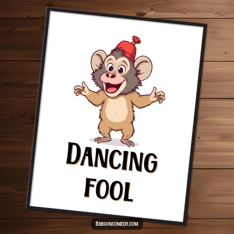 Funny digital art print of a playful baboon wearing a tiny fez and doing an energetic, silly dance, perfect for instant decor.