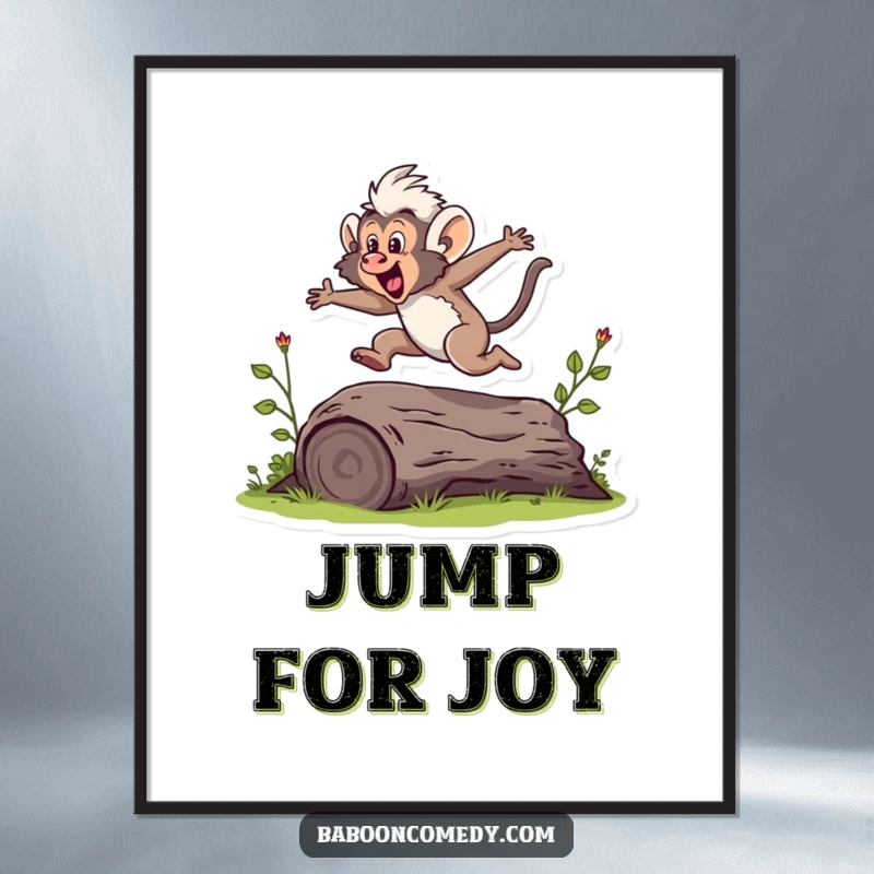 Funny digital art print of a baboon energetically leaping over a small log, capturing a dynamic and thrilling moment.