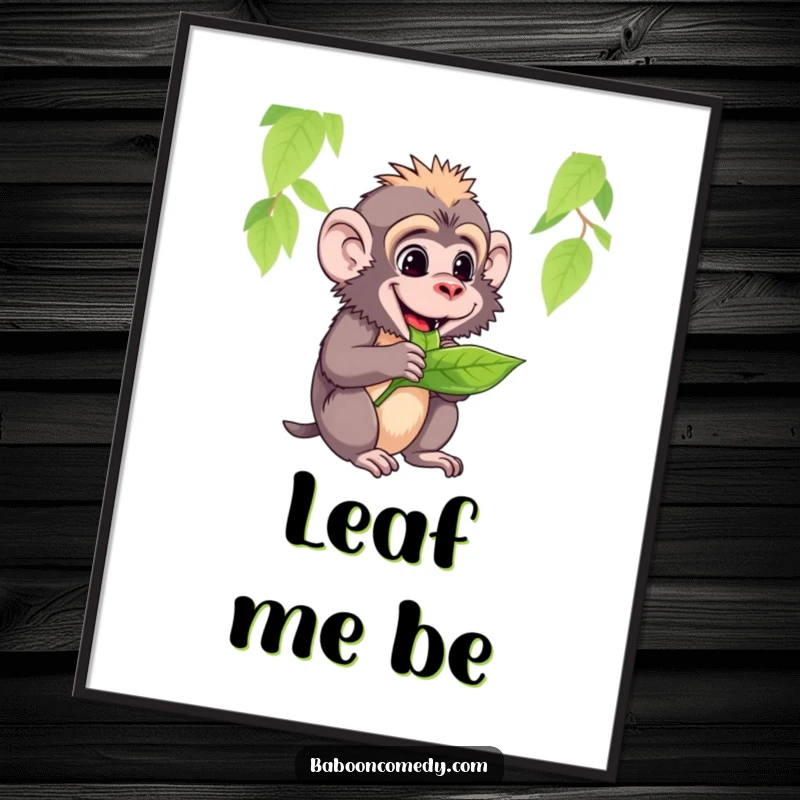 Funny digital art print of a baboon happily chewing a tasty green leaf, conveying a sense of contentment.