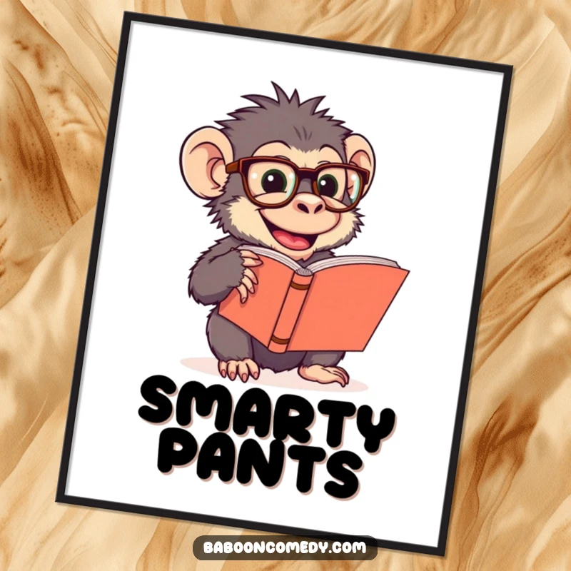 Funny digital art print of a giggling baboon wearing oversized glasses, engrossed in reading a large book, perfect for instant art.