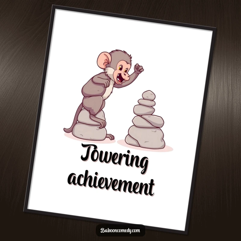 Funny digital art print of a playful baboon building a tower of large, round stones, symbolizing creativity and fun.