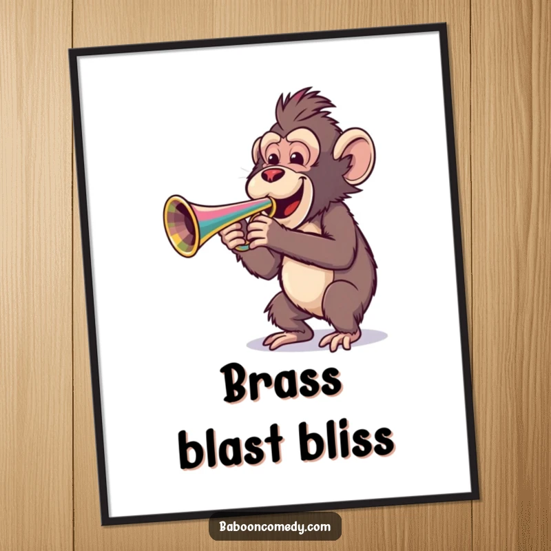 Funny digital art print of a cheerful baboon enthusiastically playing a large, colorful trumpet, bringing vibrant musical joy.