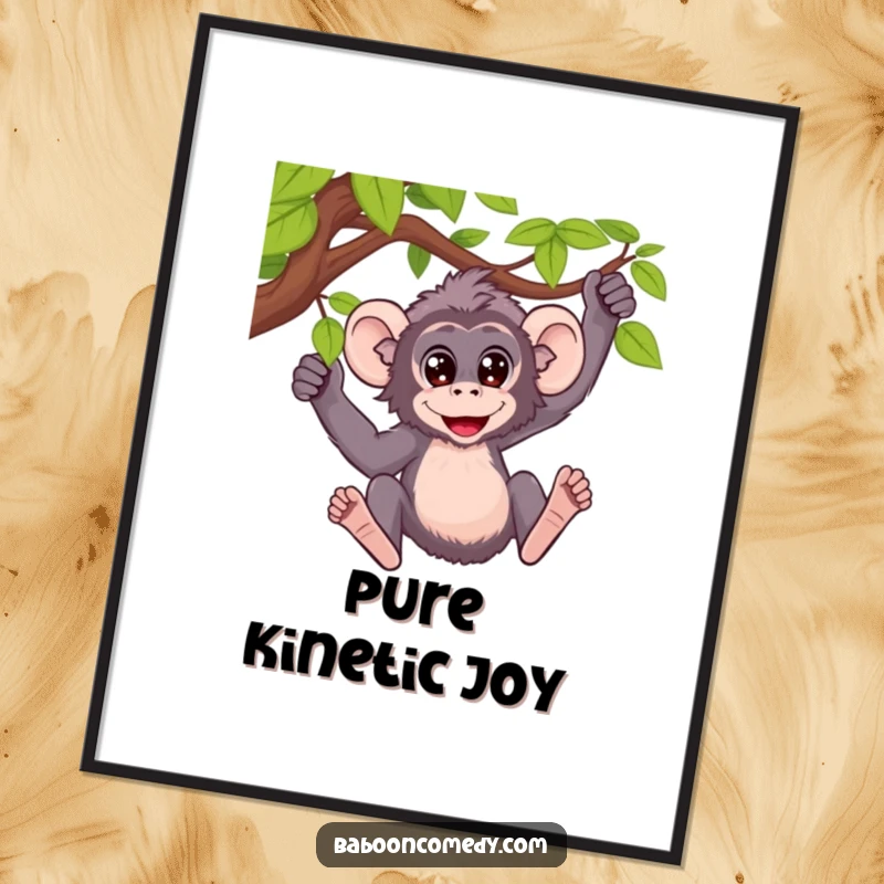 Funny digital art print of a baboon with wide, ecstatic eyes joyfully swinging from a vine, full of life.