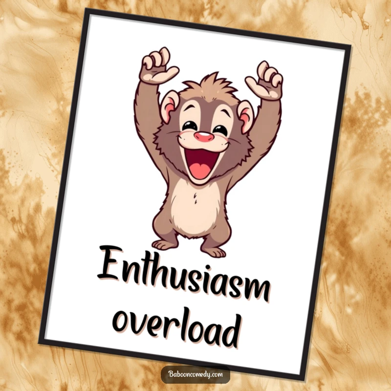 Funny cheering baboon digital art print of a happy ape with arms raised high in a victory cheer, perfect for instant decor.
