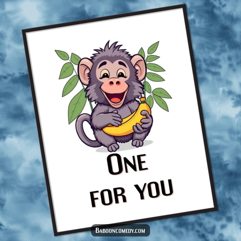 Funny Kawaii Baboon Digital Art Print, showing a cute baboon excitedly sharing a bunch of ripe bananas with an open palm.