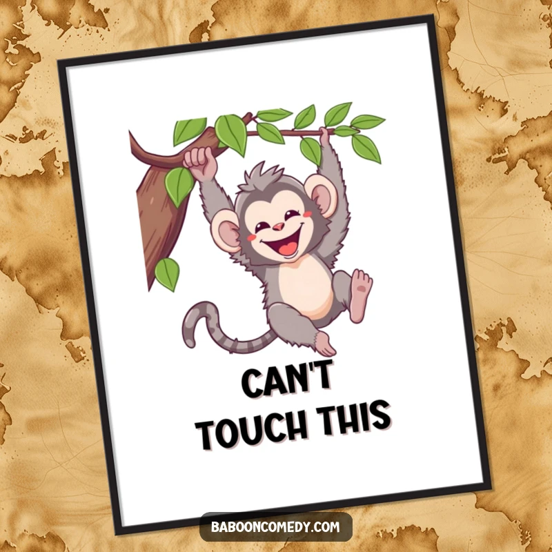 Funny kawaii baboon digital art print, a happy primate swinging from a vine, ready to bring vibrant, joyful energy to any room.