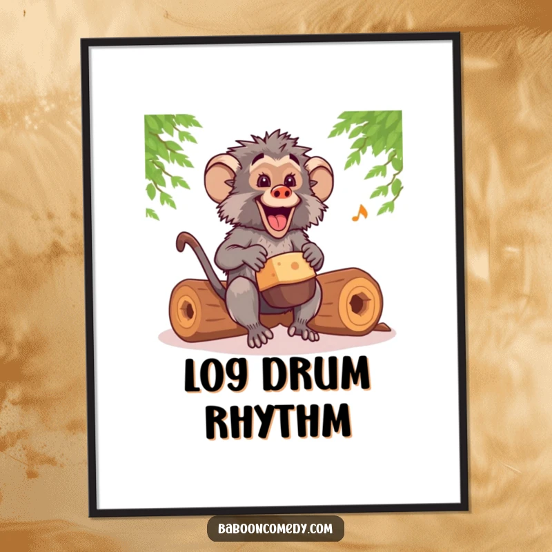 Funny kawaii baboon drummer digital art print, enthusiastically playing hollow logs with a happy, energetic tempo, vibrant and humorous.
