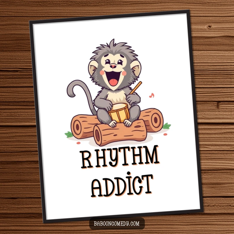 Funny Kawaii baboon digital art print, capturing a primate excitedly drumming on hollow logs with a happy, infectious rhythm and vibrant energy.