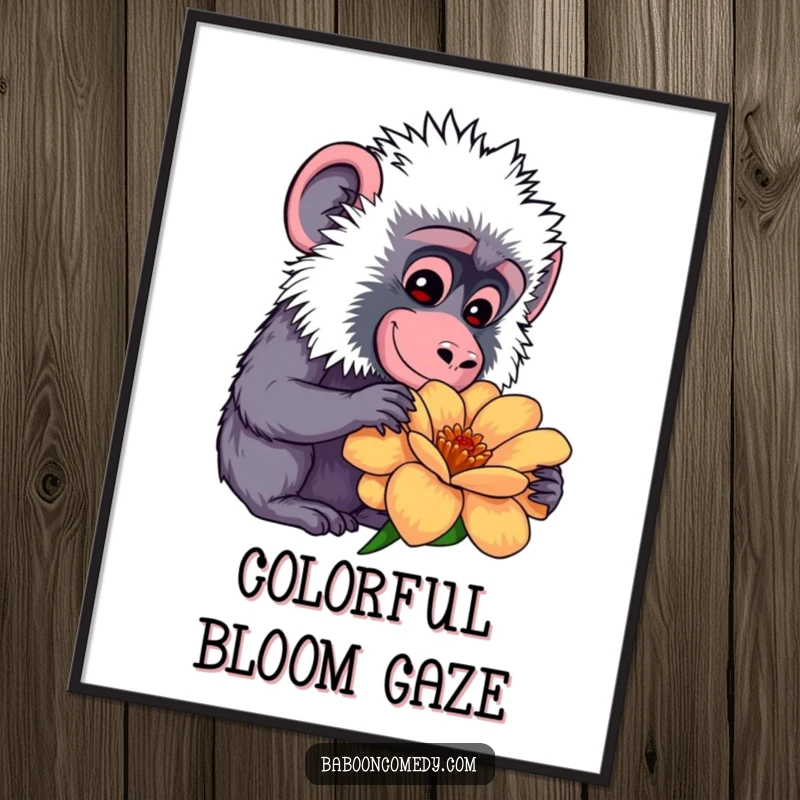 Funny kawaii baboon digital art print, showing a gentle smile while curiously examining a large, colorful flower, peaceful and humorous.