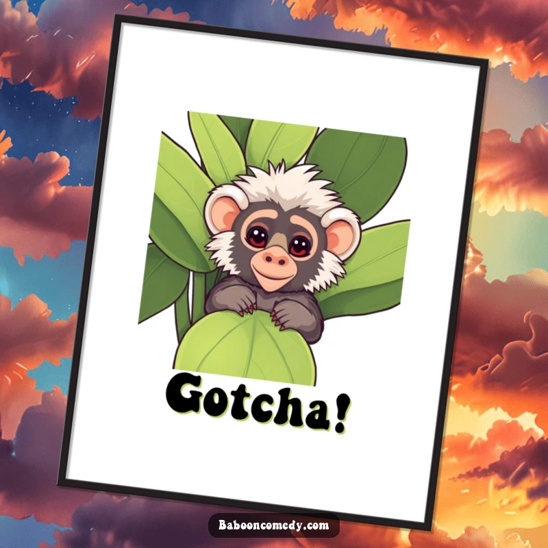 Funny Kawaii Baboon Digital Art Print, showing a cute baboon peeking playfully from behind a large, leafy plant.