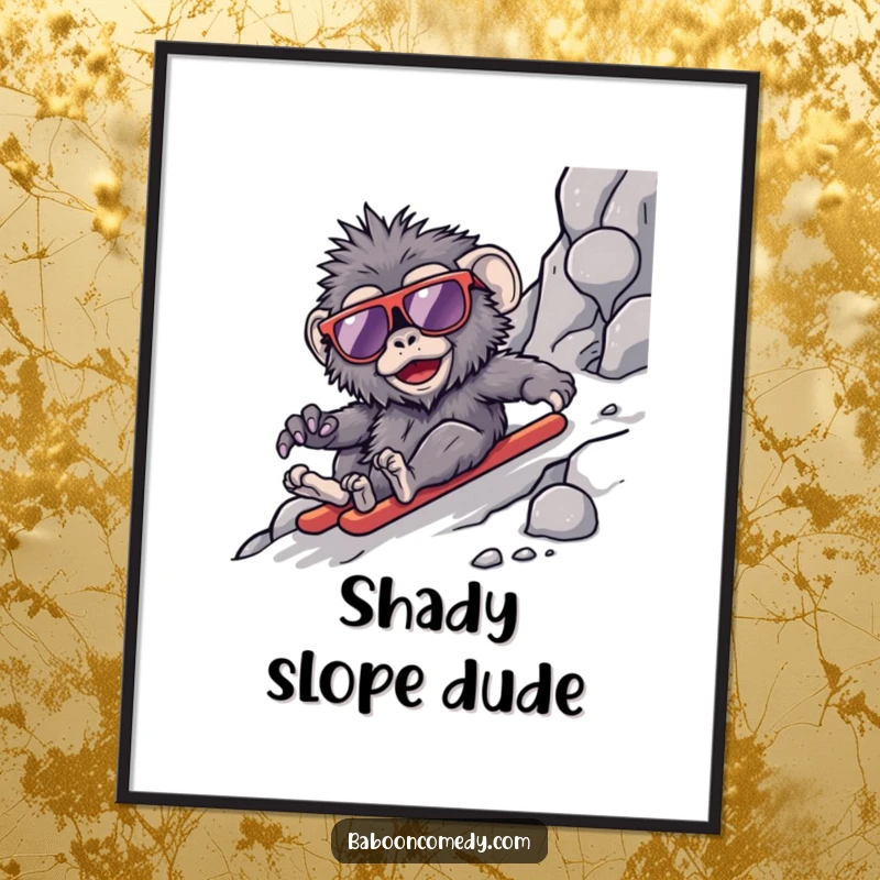 Funny kawaii baboon digital art print, a primate in oversized sunglasses sliding down a rocky slope, bringing exhilarating humor.
