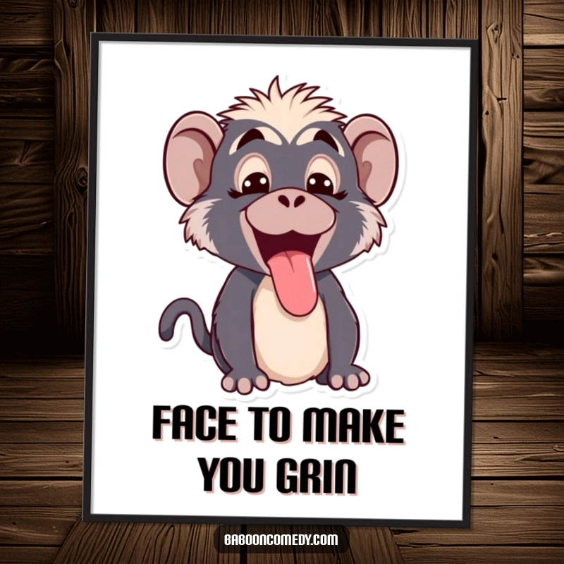 Funny Kawaii baboon digital art print, showing a cute primate making a funny face and sticking its tongue out playfully.