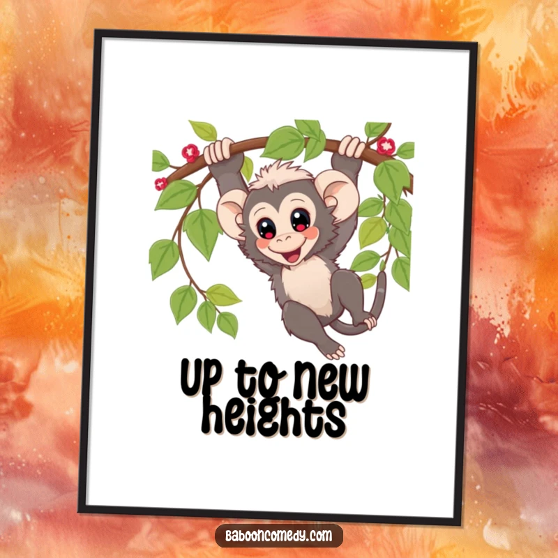 Funny Digital Art Print: High-resolution kawaii baboon swinging from a vine with wide eyes, full of playful energy.