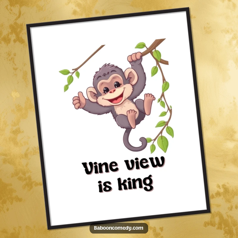 Funny digital art print of a mischievous baboon swinging from a vine, ideal for adding playful jungle vibes to any room.