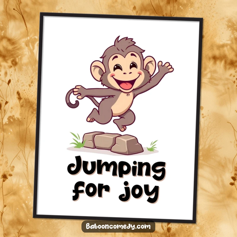 Funny digital art print of an energetic baboon leaping over a small obstacle with a wide grin, capturing primate action and joyful momentum.