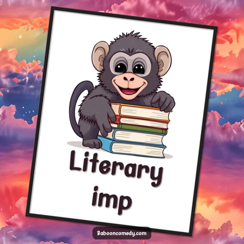 Funny digital art print of a mischievous baboon peeking over books and giggling, inspiring a love for reading and fun.