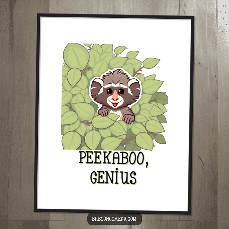 Funny digital art print of a cheeky baboon peeking from behind a leafy bush, capturing playful curiosity and primate-themed humor.