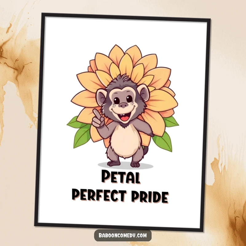Funny digital art print of a happy baboon proudly pointing at a giant, blooming flower, celebrating nature's beauty.