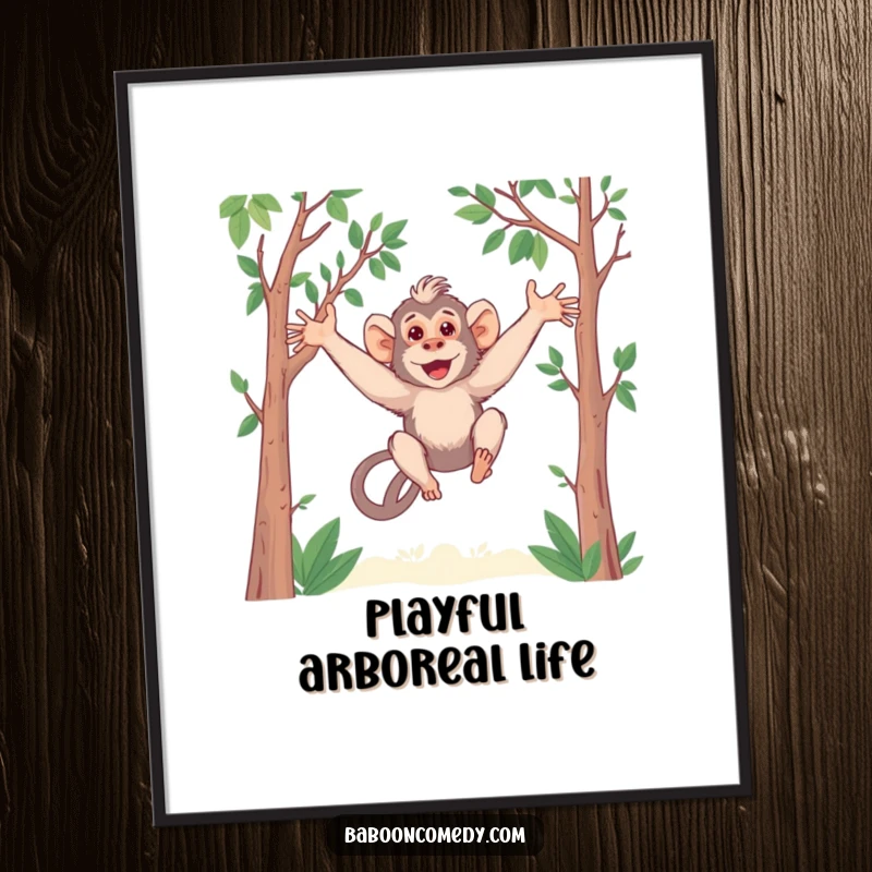 Funny Kawaii Baboon Digital Print: An adorable baboon with long arms swings playfully. Instant download art full of cute humor.
