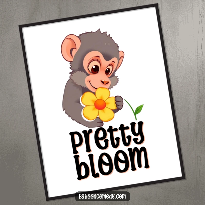 Funny baboon character curiously inspecting a colorful flower, as a high-quality digital art print. Ideal for instant wall decor.