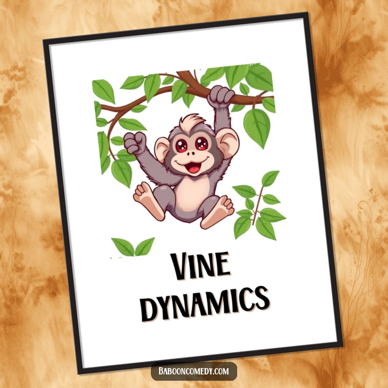 Funny digital art print of a kawaii baboon swinging exuberantly from a vine with wide, excited eyes.