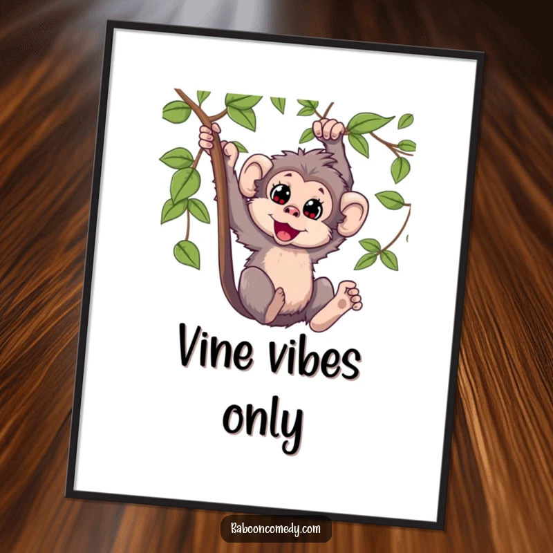 Funny Kawaii baboon digital art print, capturing a primate swinging joyfully from a vine with wide, delighted eyes, full of playful energy.