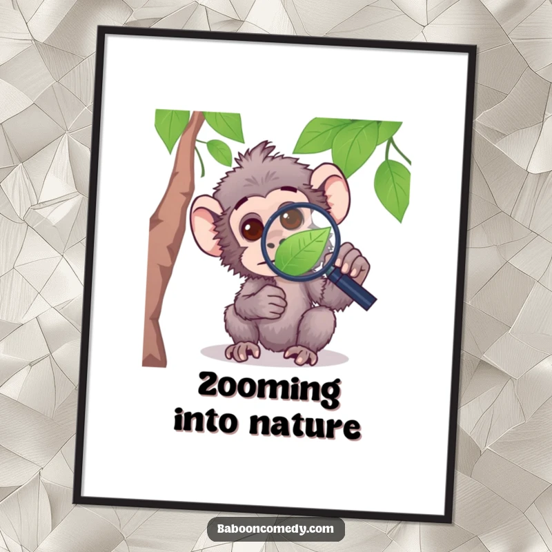 Funny digital art print of a curious baboon peering through a magnifying glass at a leaf, ideal for a study or living area.