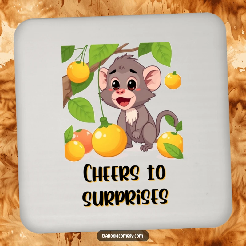 Funny baboon drink coasters showcasing a surprised character and falling fruit, adding comic relief to any table, a cool funny gift.