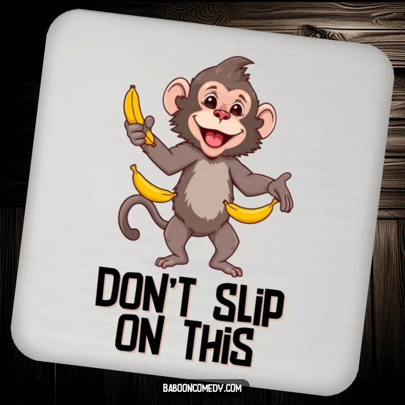 Funny baboon drink coaster, a skilled primate happily juggling bananas, adding a touch of impressive, humorous artistry to your surfaces.