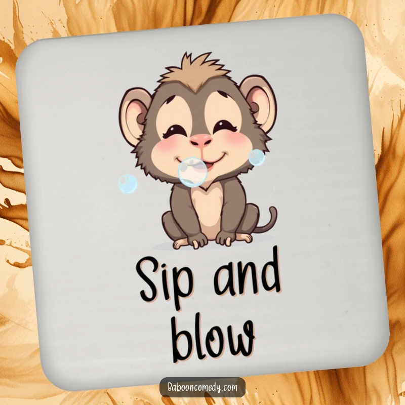 Funny baboon drink coasters showcasing a playful bubble-blowing character, adding whimsy to any table, a cute funny gift.