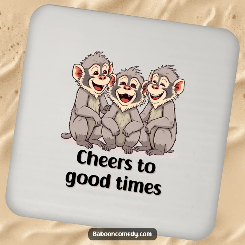 Funny Baboon Social Coaster: A group of baboons are chattering and laughing. Protects tables with humorous and social charm.