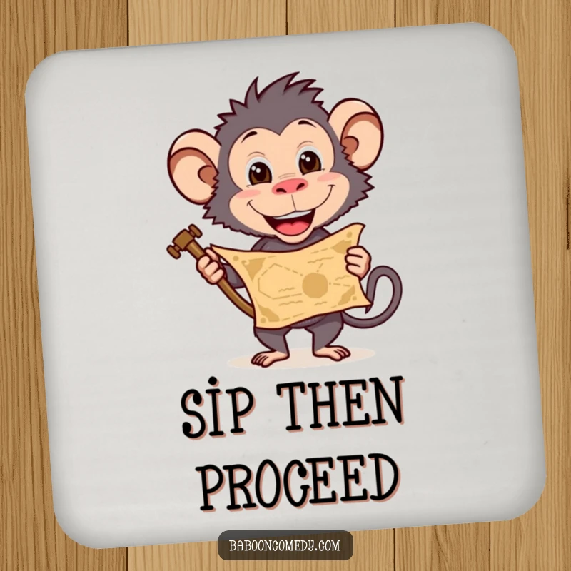 Funny baboon drink coasters with a treasure map theme, adding adventure to your table setting, a unique funny gift.