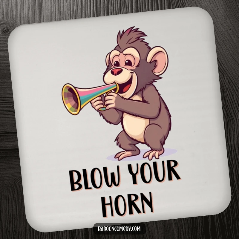 Funny drink coaster featuring a cheerful baboon playing a colorful trumpet, a small but mighty piece of musical decor.
